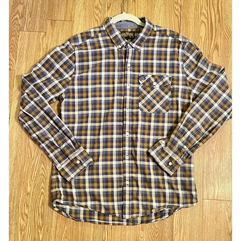 True Religion Men's Button Down Shirt Sz L Long Sleeve Blue Brown‎ Checkered